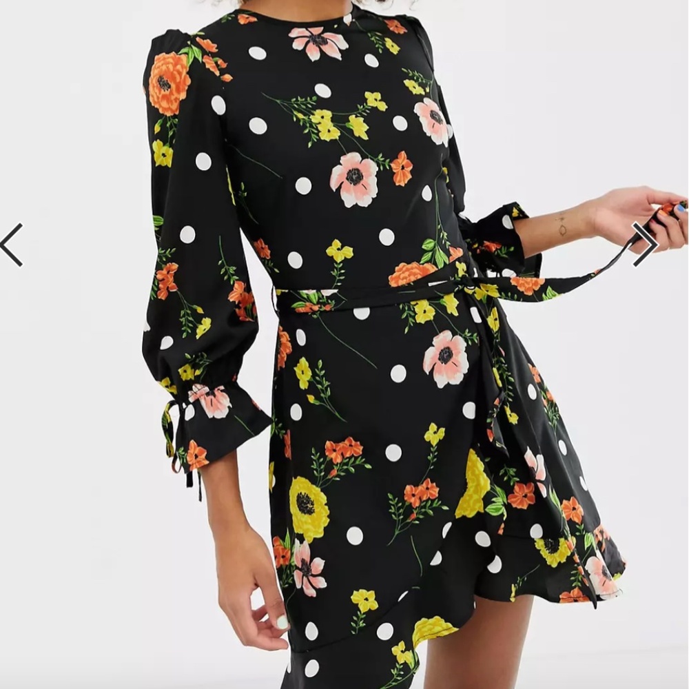 Black Floral and Polka Dot Ruffle Mini Dress with Back Cut Out | Size US 10